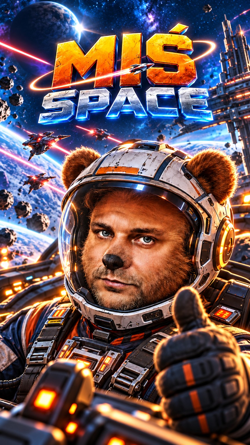 Miś Space — Miś z Doliny jako kosmiczny pilot w hełmie, na tle planet i gwiezdnej bitwy